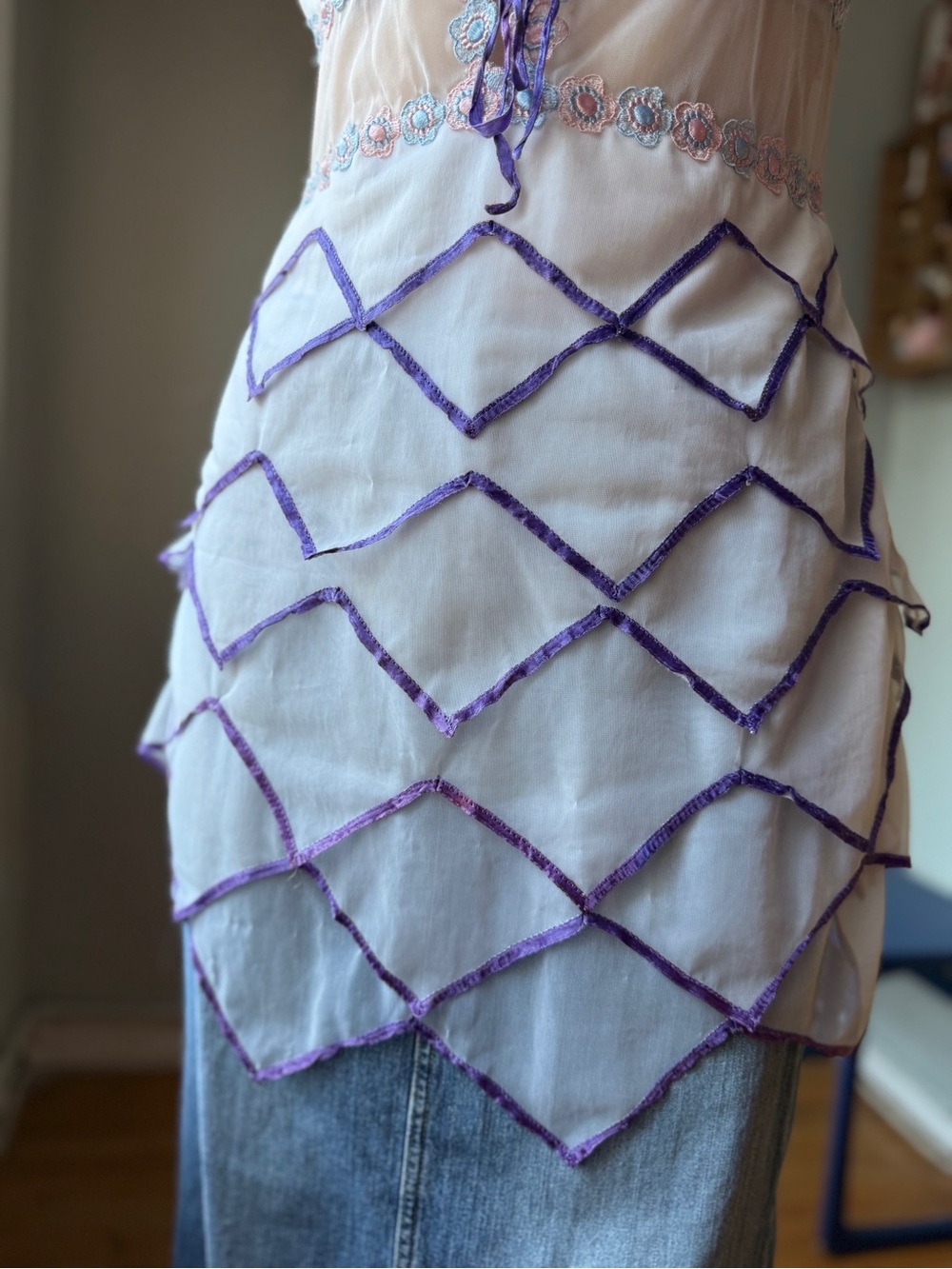 Vintage 90s Sheer Mesh Appliqué Dress | Romantic Boudoir Mini Slip | Size M/L - Picture 9 of 13